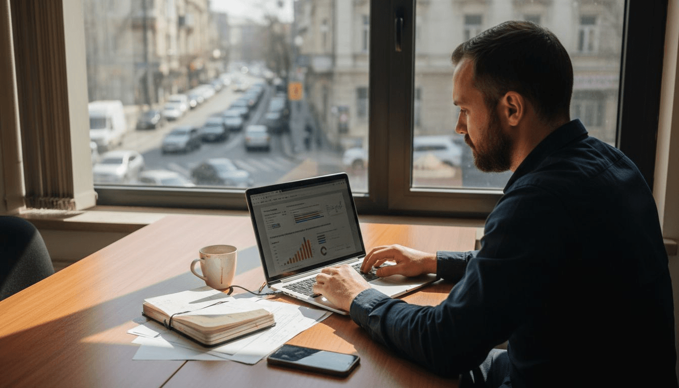 Un antreprenor analizează rapoartele SEO la birou, urmărind rezultatele campaniilor online.