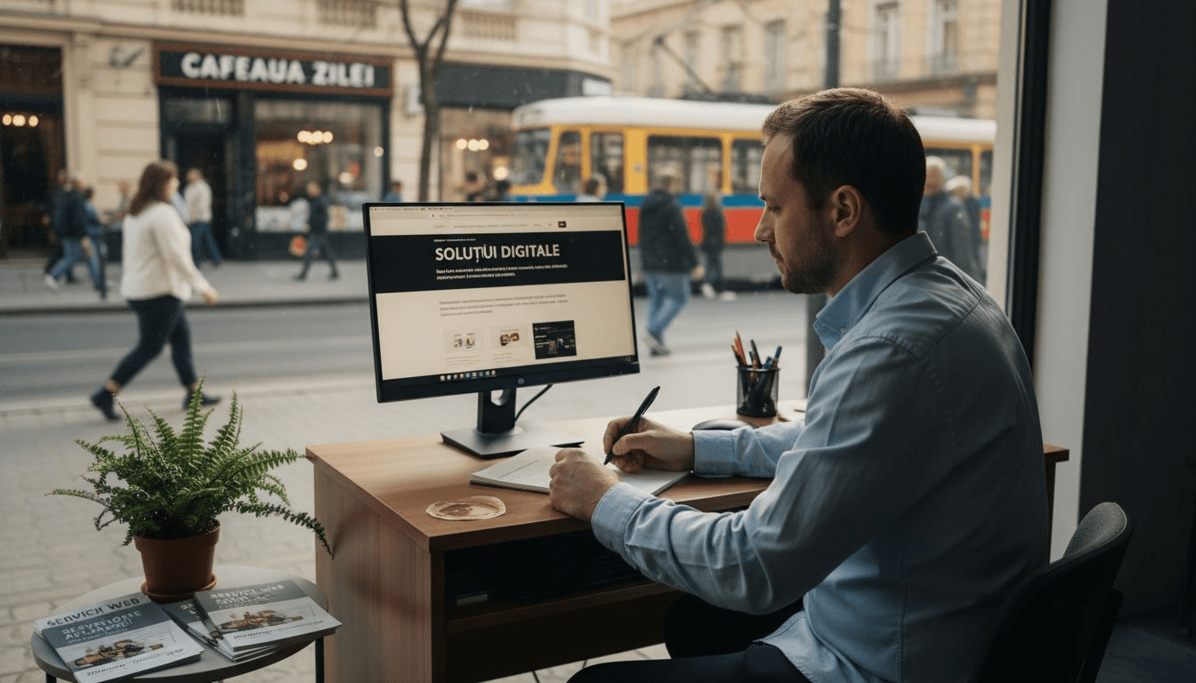 Proprietarul unei afaceri locale analizează site-ul firmei la birou